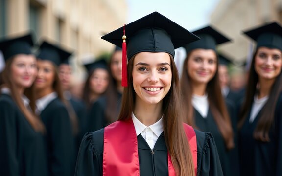 happy female college graduate standing among peers on convocation day in ceremonial cap and gown. High quality