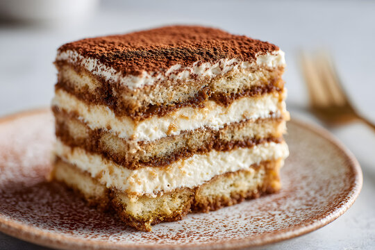 Horizontal close-up of tiramisu cake slice with layers of mascarpone cream and coffee-soaked sponge, cocoa powder dusting on top, warm natural light, rustic plate.