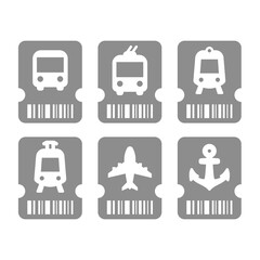Subway, train station ticket vector icon set. Marine port, airport and bus station tickets icons.
