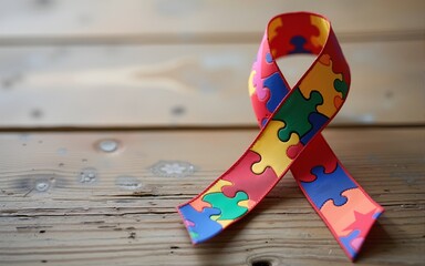 World Autism awareness and pride day or month with Puzzle pattern ribbon on wooden background. High quality. High quality
