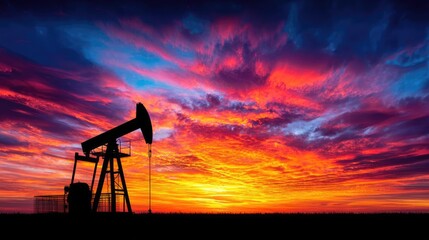 Silhouette of oil pump jack against sunset sky concept. Oil pump silhouette against a vibrant sunset sky.