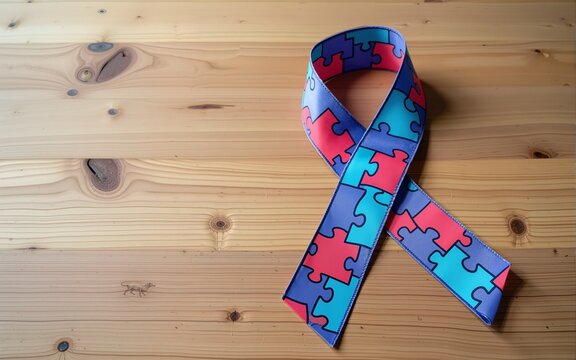 World Autism awareness and pride day or month with Puzzle pattern ribbon on wooden background. High quality. High quality