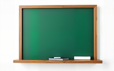 Teacher Day concept: Empty green chalkboard with eraser and white chalk hang on the wall isolated on white background. High quality