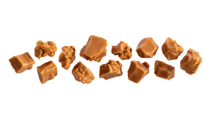 A collection of delicious caramel candy pieces isolated on a transparent background