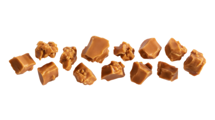 A collection of delicious caramel candy pieces isolated on a transparent background
