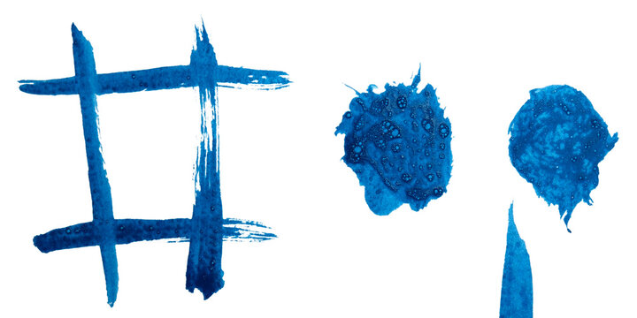 Bold blue brush strokes and vibrant patterns on a white canvas