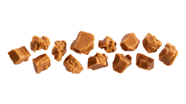 A collection of delicious caramel candy pieces isolated on a transparent background