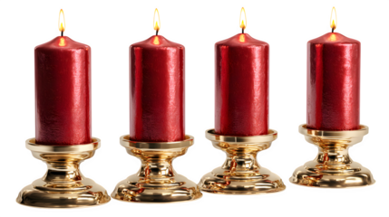 Four Lit Red Advent Candles, isolated on transparent background