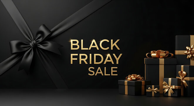 Black Friday sale text with gift boxes and black ribbon