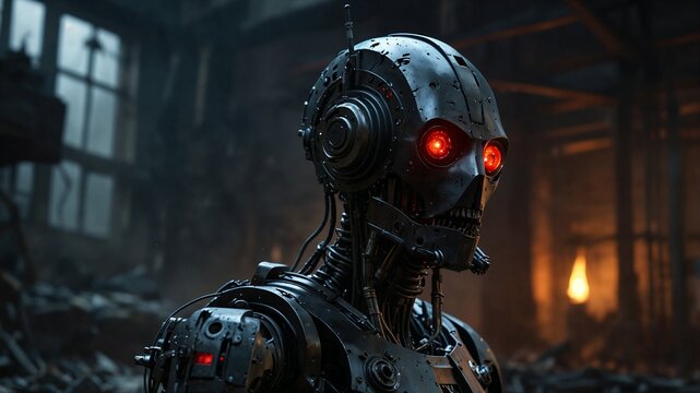 Humanoid robot awakes from deep sleep in a junkyard surrounded by discarded technology and industrial remnants in a dramatic futuristic scene filled with tension and rebirth
