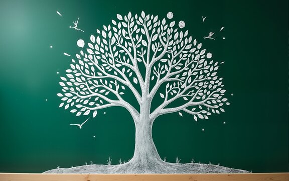 Tree of knowledge and education concept on green chalkboard with doodle. High quality