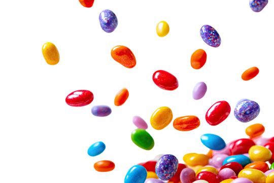 Colorful candies falling, scattered on a black background