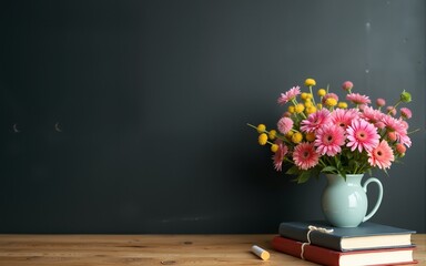 Teacher's day background. Black chalk board empty copy space and fresh wildflowers in vase. Holiday feminine poster.Spring greeting 8 march icon. High quality