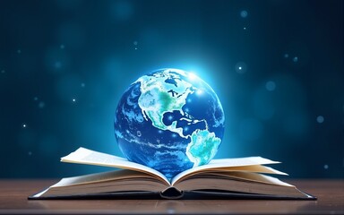 Opened book with globe digital art abstract blue background/ global knowledge, education, E-learning, international literacy day concept art. High quality