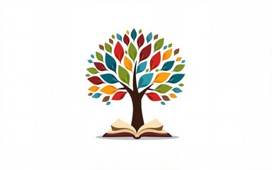 International literacy day concept with tree with books like leaves. Literacy, education, knowledge concept with color books on tree on white background, focus cover all object. High quality