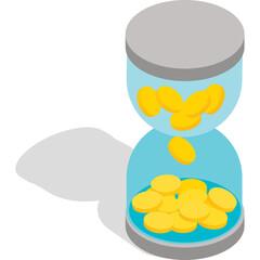 Isometric illustration of a glass hourglass filled with golden coins showing concept of time is money and financial investment with a stark black shadow on a white background