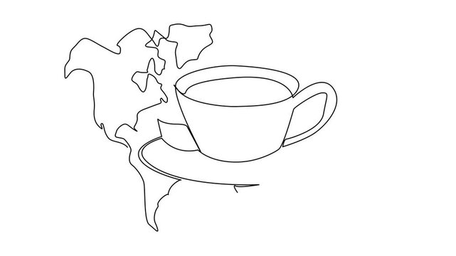 Animation of continuous one line drawing tea cup with saucer and some tea leaves and world map background. Aroma. Taste. International Tea Day. Single line self drawing animated. Full length motion