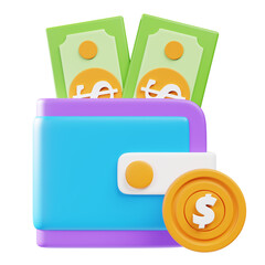 Creative 3D Render Wallet with Cash and Coin Currency Illustration