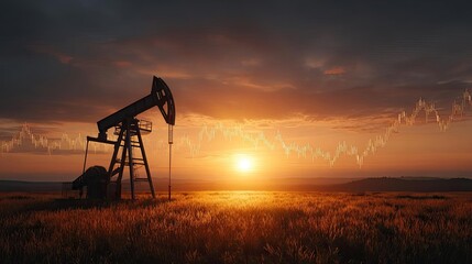 Naklejka premium Oil pump silhouetted against sunset sky with financial graphs concept. Oil rig silhouette against a sunset, symbolizing energy production.