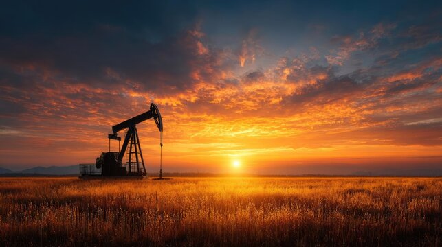 Oil pump silhouetted against sunset sky with financial graphs concept. Silhouette of an oil pumpjack at sunset over golden fields.