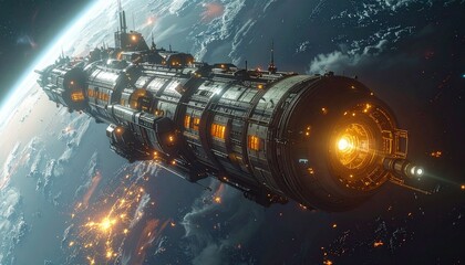Spaceship in Orbit Above Earth.