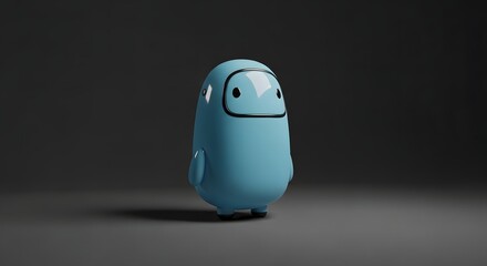 Glossy blue humanoid character with visor like face and rounded limbs standing in dark gray gradient setting with minimalist digital style