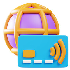 3D Rendering Detailed Credit Card with Globe for Online Payment Concept