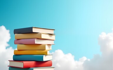 World Book day with stack book In sky background. Bright colorful.  The concept for World Book Day background with copy space area for text. Happy Book Day. High quality
