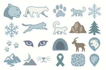 Snow Leopard Arctic Wildlife Icons with Mountains and Snowflakes