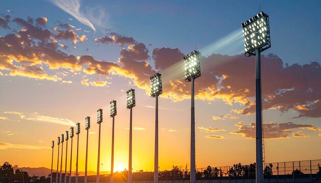 Stadium Lights Illuminating at Sunset.