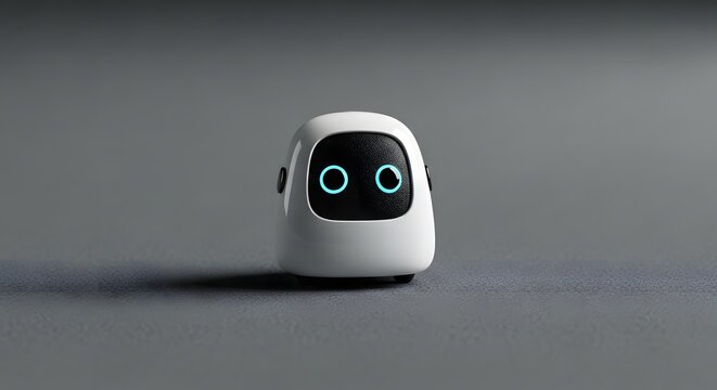 Compact white robot with glowing blue eyes and black faceplate standing on gray surface in sleek minimalist futuristic setting