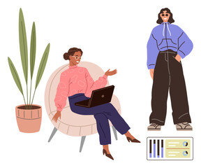 Woman in armchair with laptop gesturing while chatting with standing friend in trendy clothes, next to potted plant and data chart. Ideal for teamwork, collaboration, conversation, remote work