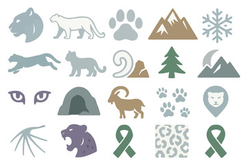 Snow Leopard Arctic Wildlife Icons with Mountains and Snowflakes