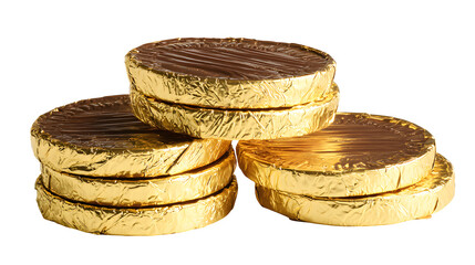 Gold Chocolate Coins Stack, isolated on transparent background