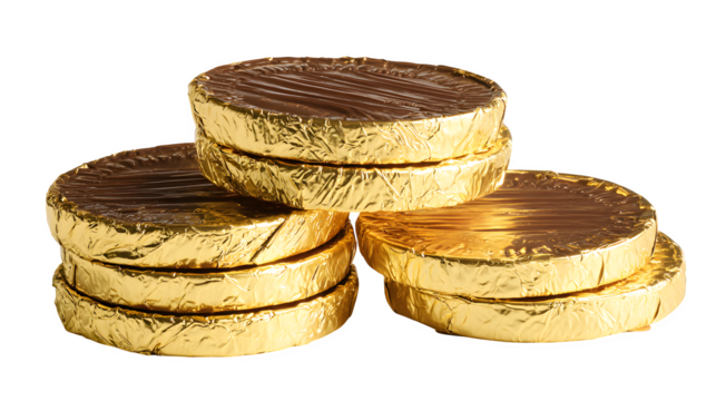 Gold Chocolate Coins Stack, isolated on transparent background
