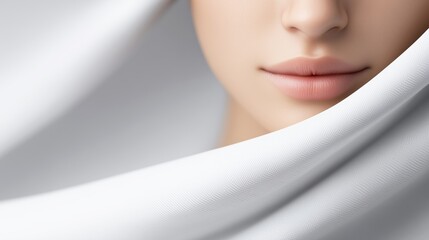 Closeup lips draped with silk fabric, soft texture and glossy finish highlighting lipstick and cosmetic detail for luxury editorial