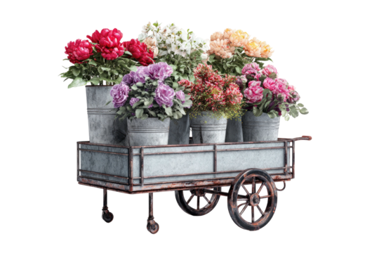 Vintage flower cart, brimming with colorful blooms