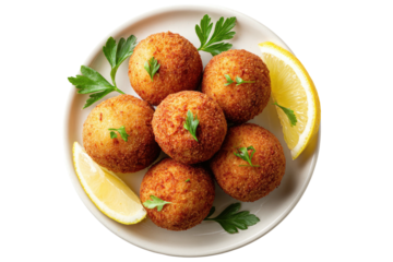 Fried, round food served with lemon slices and parsley
