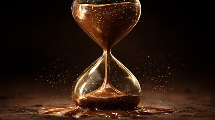 A surreal hourglass with liquid mercury defying gravity, flowing upward instead of downward. The hyperrealistic composition evokes themes of time reversal, paradox, alchemy, and unconventional thinkin