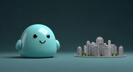 Smiling blue character with rounded body beside miniature city model on circular platform in modern teal gradient setting