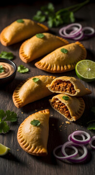 Close-up of Golden Beef Empanadas on Dark Wood with Lime and Onions