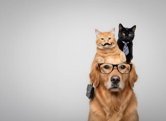 Business Dog with Eyeglasses and Two Cats: One with Mustache, One in Tie