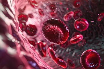 Photorealistic microscopic view of red blood cells and single white leukocyte