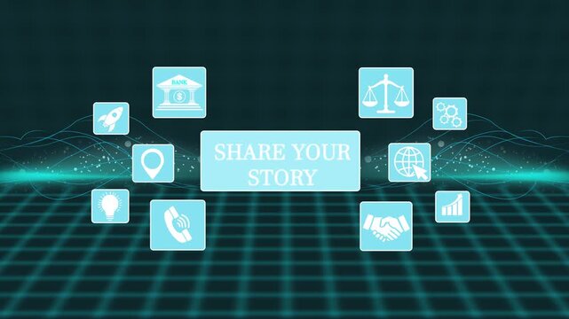 Share Your Story business concept on a flashing computer monitor with moving graphs and data. Growing market trend concept. a digital candlestick financial market chart bars. - Powered by Adobe