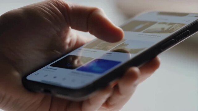 A person using a smartphone, browsing through pictures on a social network. Close-up Macro. Finger scrolling social media app feed, information search.