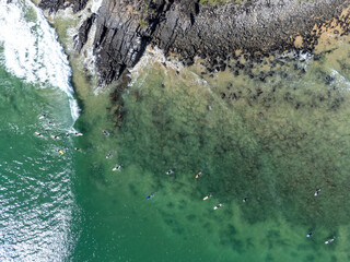 aerial view of surfers