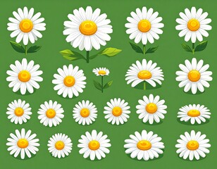 Collection of stylized daisy illustrations on a vibrant green backdrop
