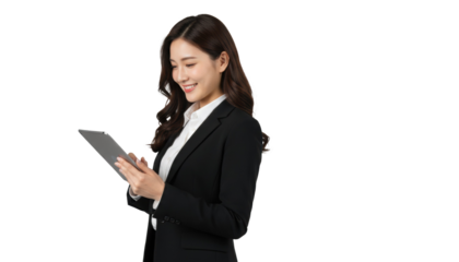Confident Asian businesswoman smiling while reviewing data on tablet for strategic planning and growth initiatives