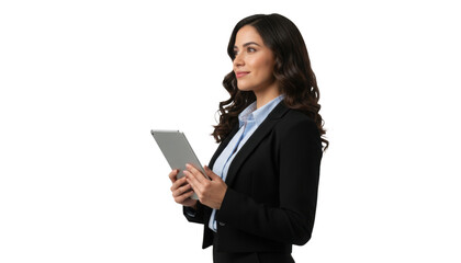 Confident Hispanic businesswoman using digital tablet for innovative solutions and future planning in the workplace