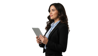 Confident Hispanic businesswoman using digital tablet for innovative solutions and future planning in the workplace
